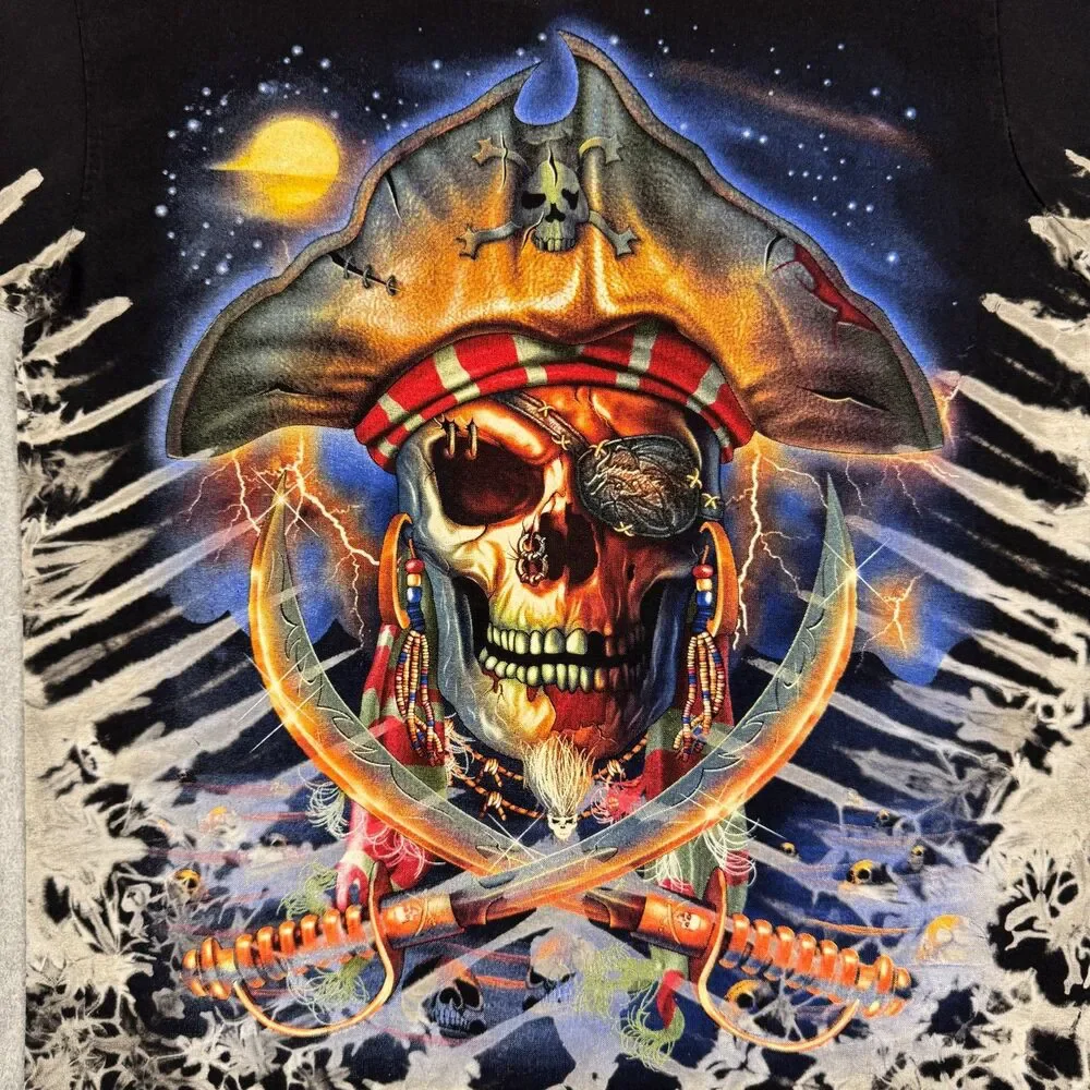 Vintage Liquid Blue Style Tie Dye V Pattern Pirate Skull Sword T Shirt - M